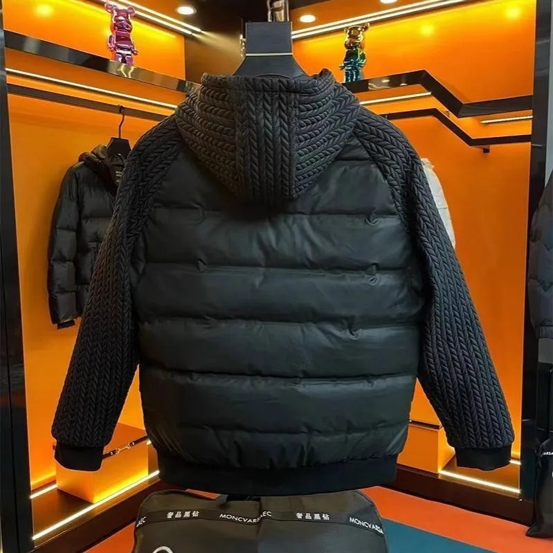 Men's black thick slim-fit hooded winter coat in polyester fibre on model