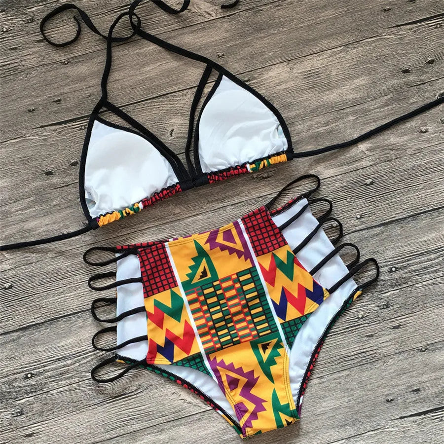 Women's high-waisted backless bikini swimsuit with digital printing, includes top and shorts.