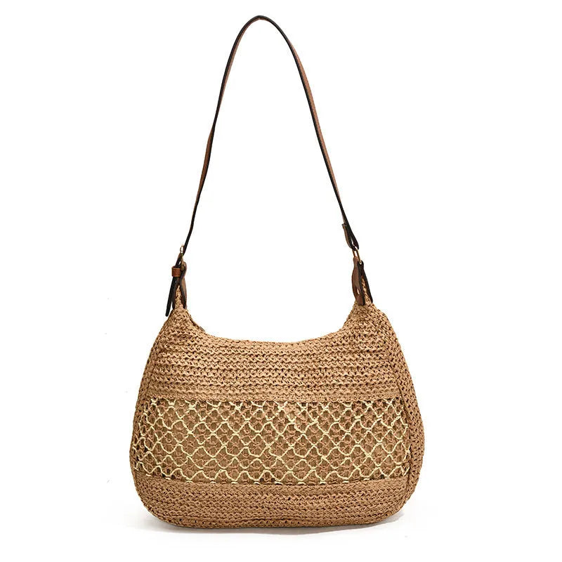 Women's straw crossbody bag in khaki colour with sandwich pocket compartment