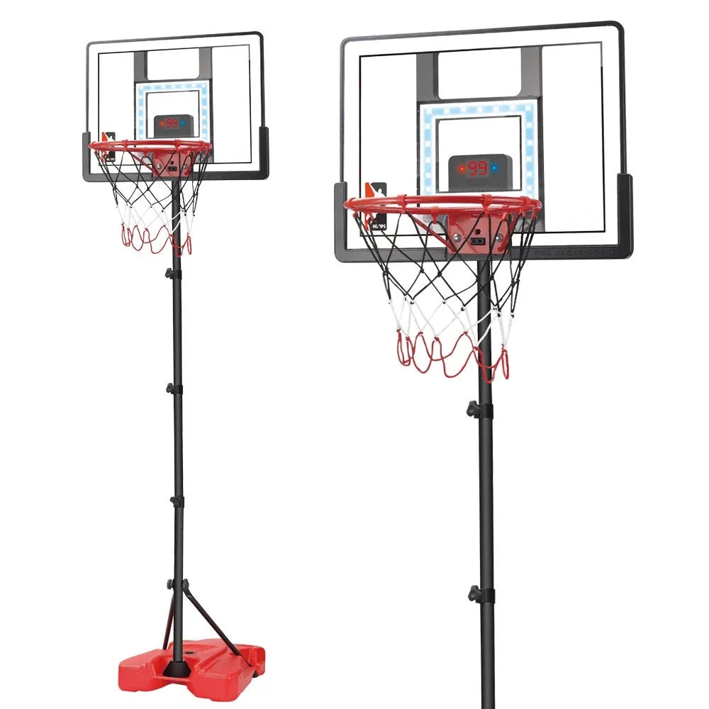 Mute Scoring Dunk Outdoor Folding Basketball Hoop with LED Backboard in red, height adjustable 152-180cm