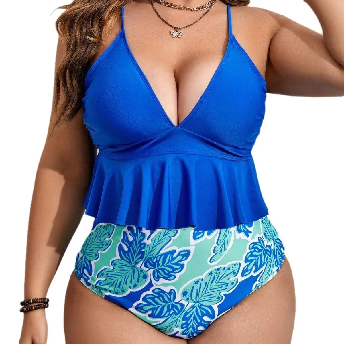 Blue polyester two-piece swimsuit set showing top and briefs style shorts