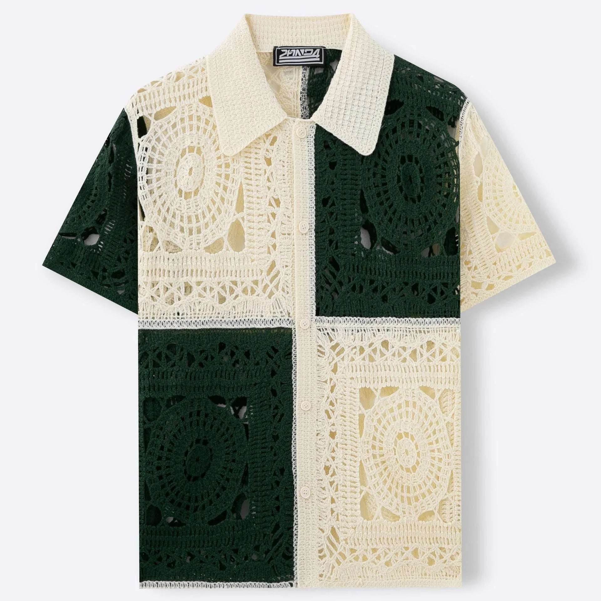 Men's beige colourblock short sleeve knit shirt with flocked detailing, regular fit, acrylic fibre fabric, front view on model