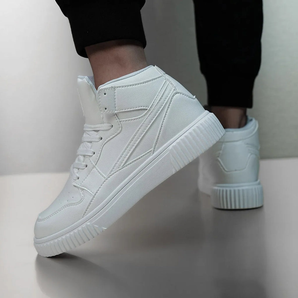Men's white round-toe casual shoes with microfiber uppers on a plain background.
