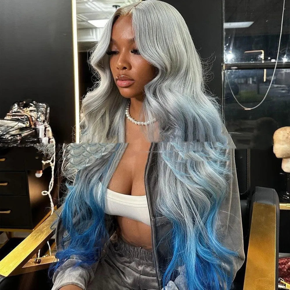 Gradient grey blue human hair lace front wig with 4x4 construction showing colour blend