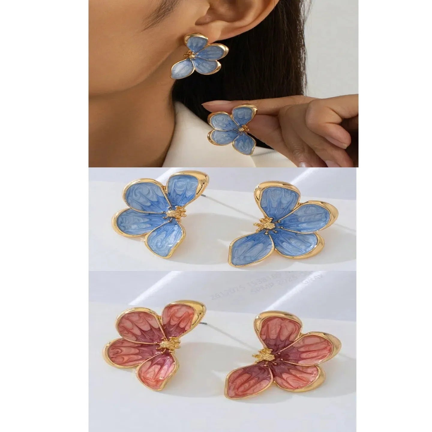 Three-dimensional flower earrings in blue colour with metal finish, exquisite design for women
