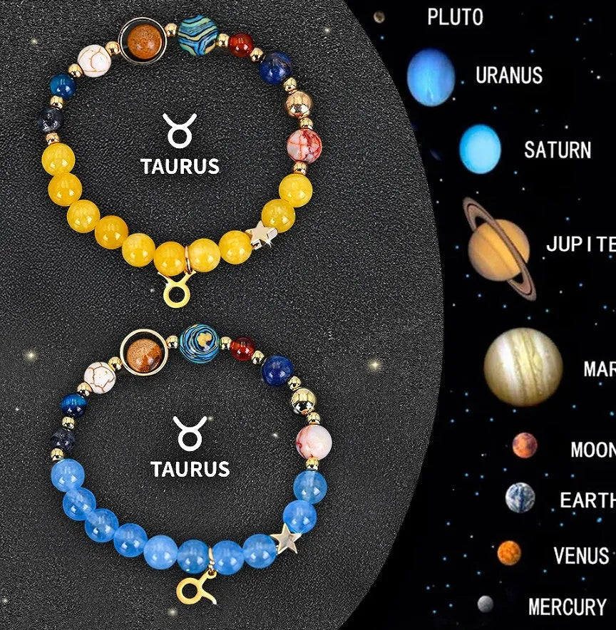 Two natural stone beaded bracelets with zodiac sign charms on a wooden surface