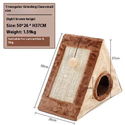 Grey and white triangle-shaped cat nest bed with an integrated sisal scratching post on the side.