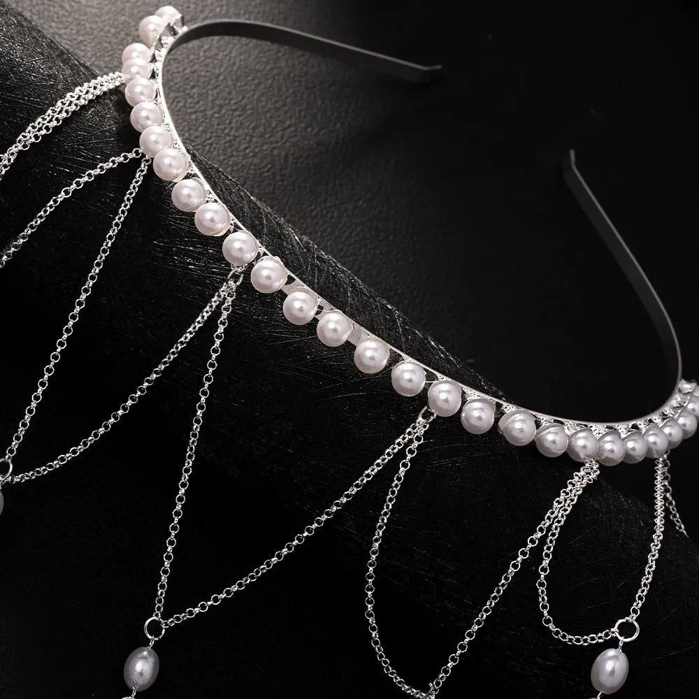 Women's mesh tassel hair chain with electroplated gold or silver finish and pearl decorative elements
