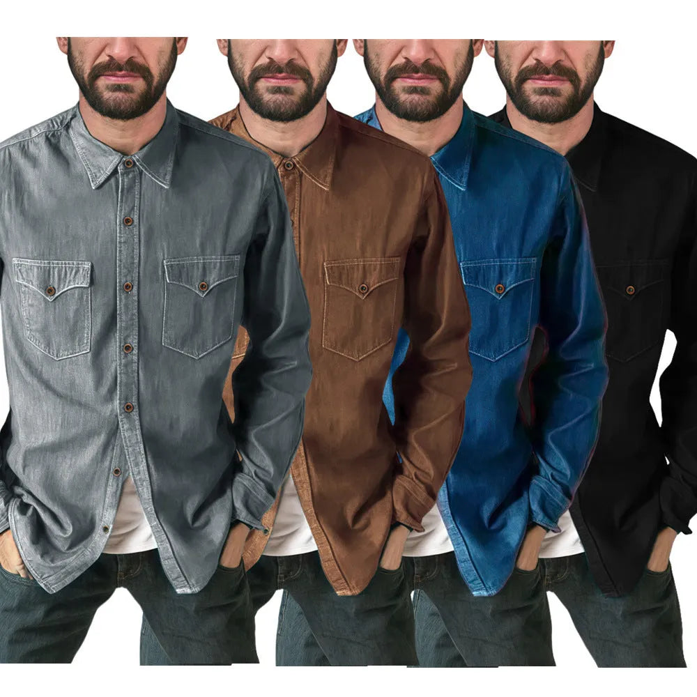 Men's regular fit cotton denim cardigan coat in khaki, shown open as a layering piece.