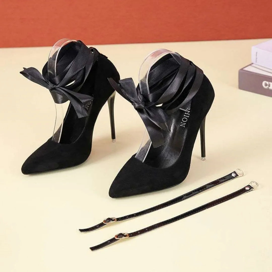 Women's black high heel shoes with pointed toe and fabric strap, 12cm heel