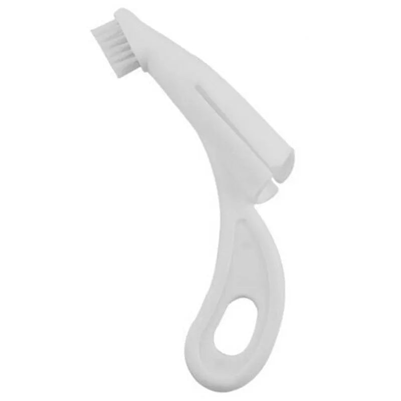 Red and white finger toothbrush for pet dental cleaning with soft silicone bristles