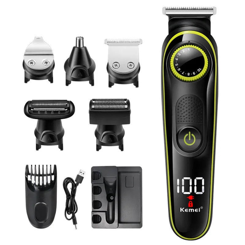 Black KM-696 electric hair clipper set with USB charging cable and cleaning brush