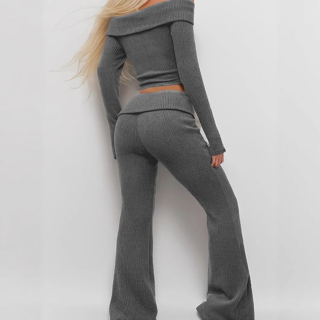 Women's solid gray off-shoulder knitted polyester long sleeve top and flared pants set