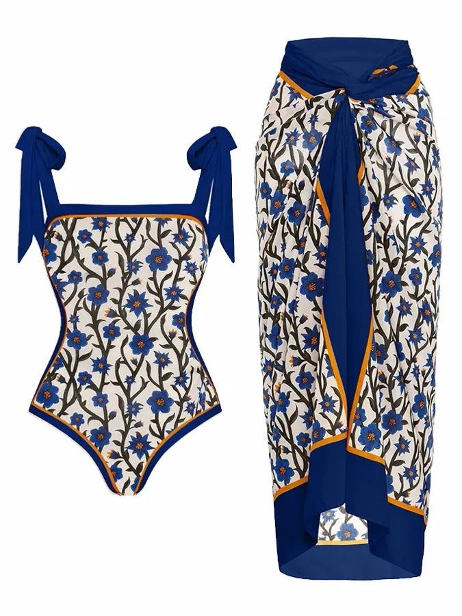 Women's floral print chiffon swimsuit with matching skirt for swimming