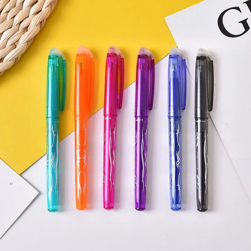 Heat-erasable gel pens with plastic barrels and stainless steel nibs in multiple colours
