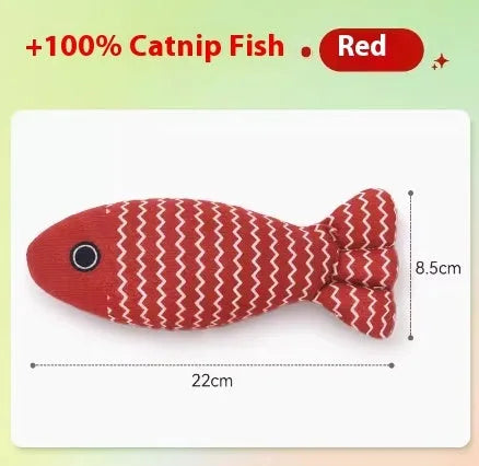 Plush fish cat toy filled with catnip, shown in blue, red, and yellow colours, with large and medium size examples