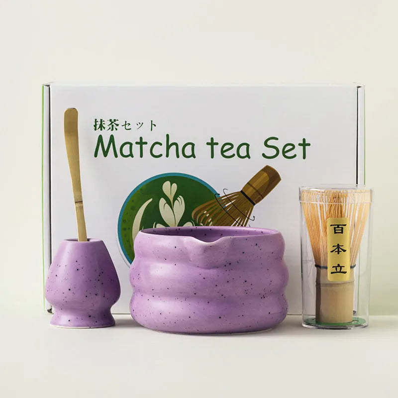 Ceramic matcha stool bowl set with sand point finish in four colours blue green purple white