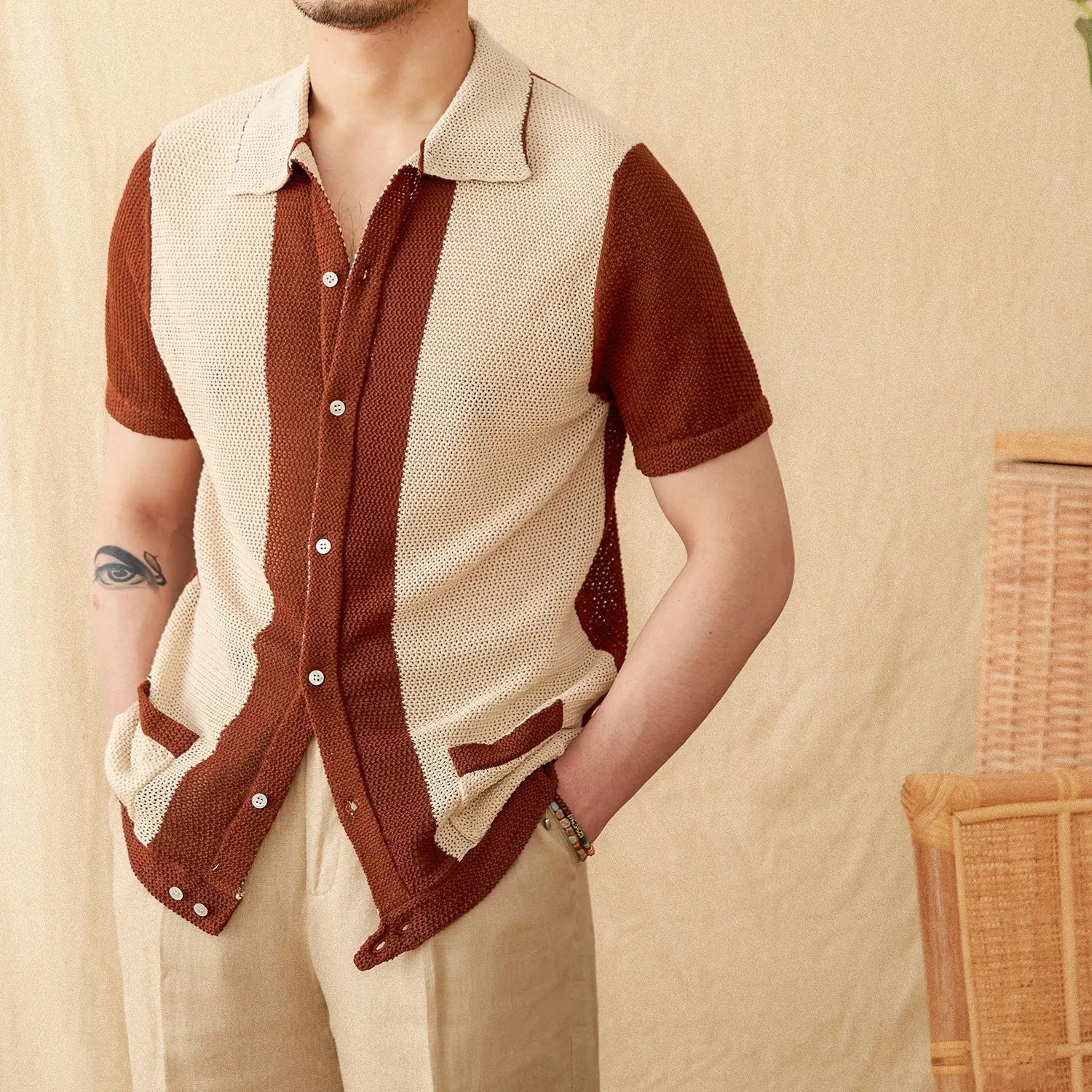 Beige short sleeve knitted cardigan with lapel collar, made from linen and cotton blend fabric.