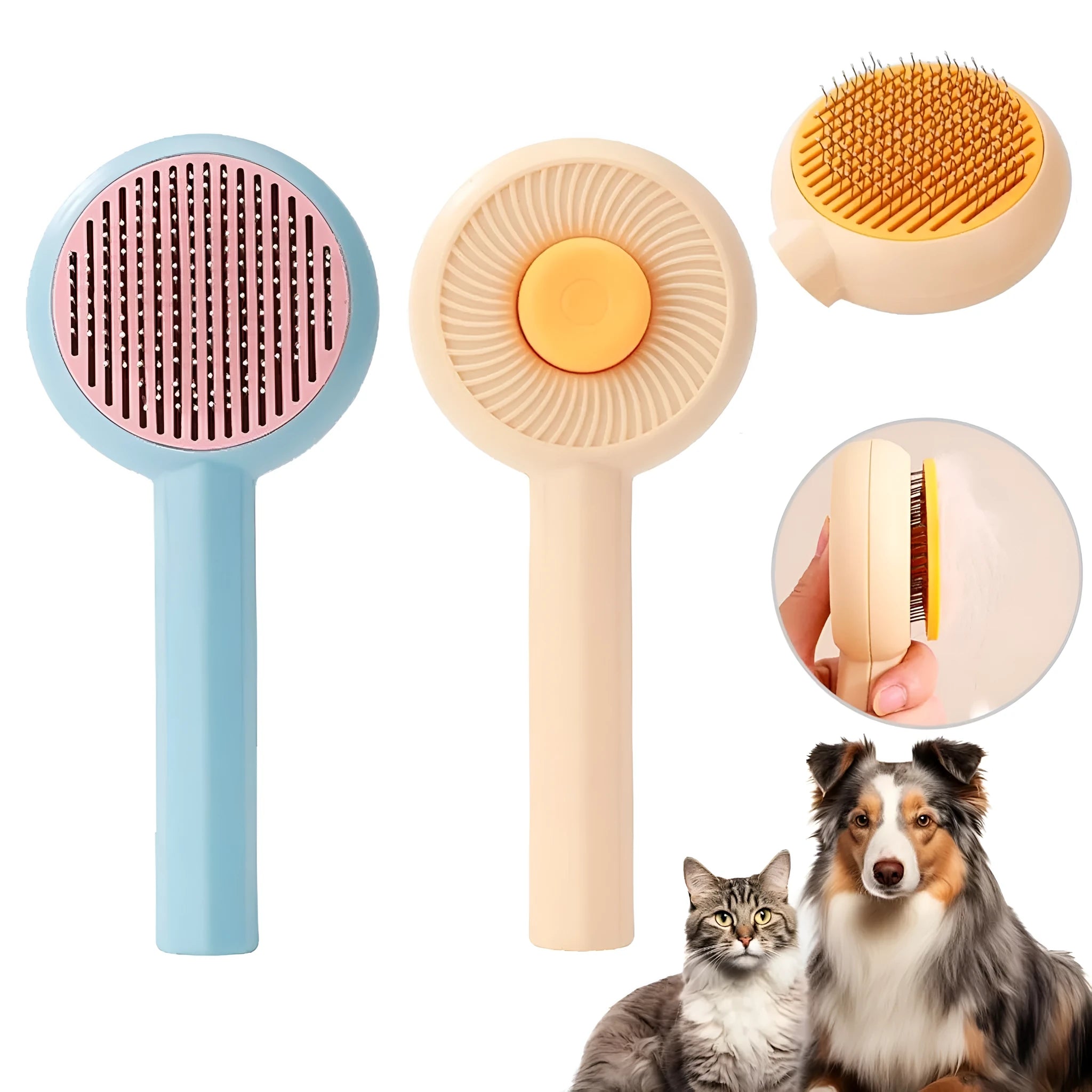 Blue pet grooming brush with self-cleaning button and angled metal pins for cats and dogs