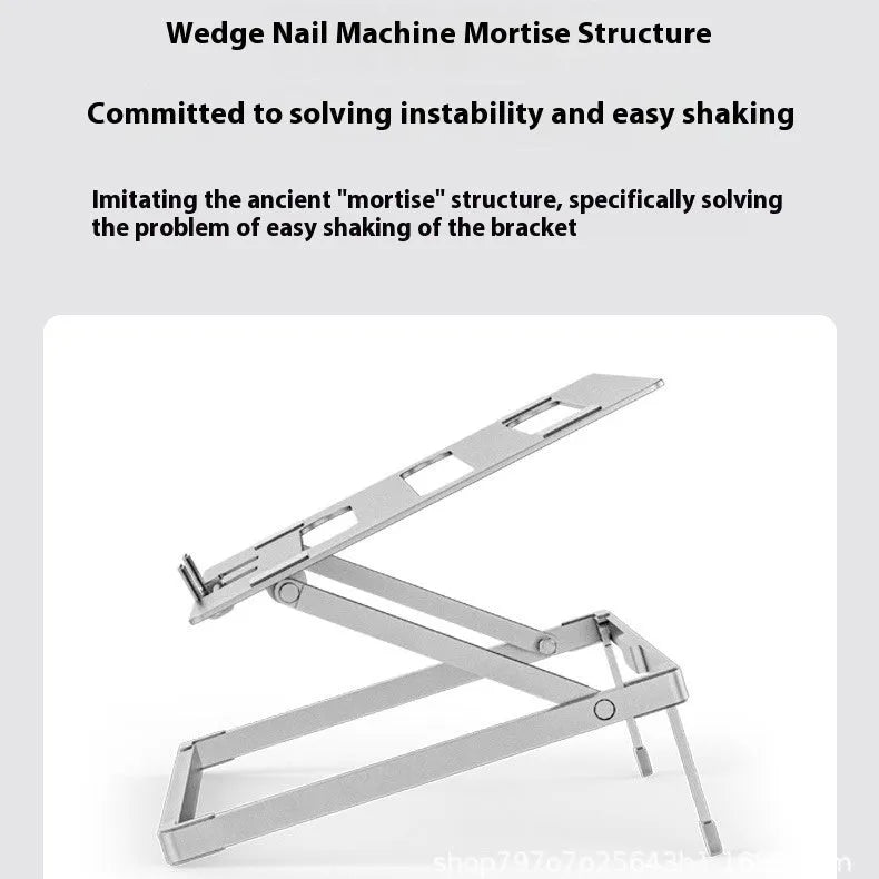Silver aluminium folding laptop cooling stand with integrated fan showing dimensions 270x210mm