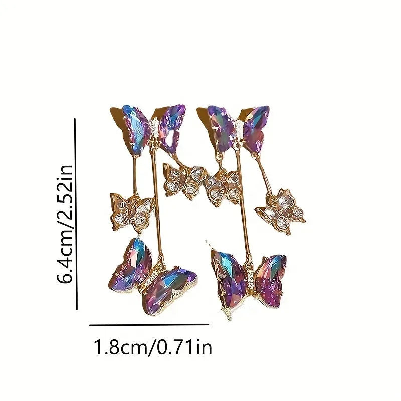 Silver needle blue purple butterfly tassel earrings with crystal flowers on alloy electroplated drop earrings