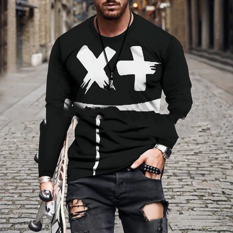 Colour block printed men's top with round neck in polyester blend fabric, digital print pattern