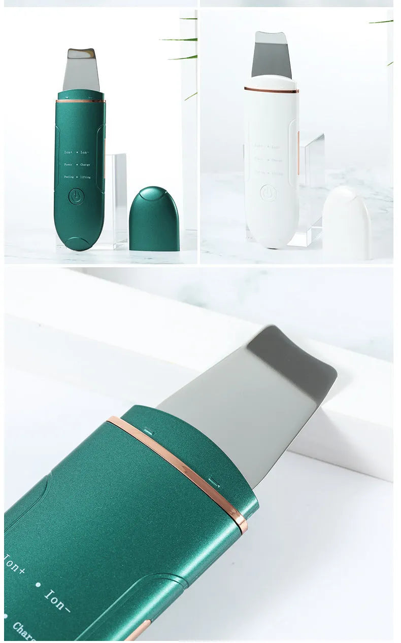 Ultrasonic skin rejuvenation whitening shoveling machine in dark green with shovel knife on white background
