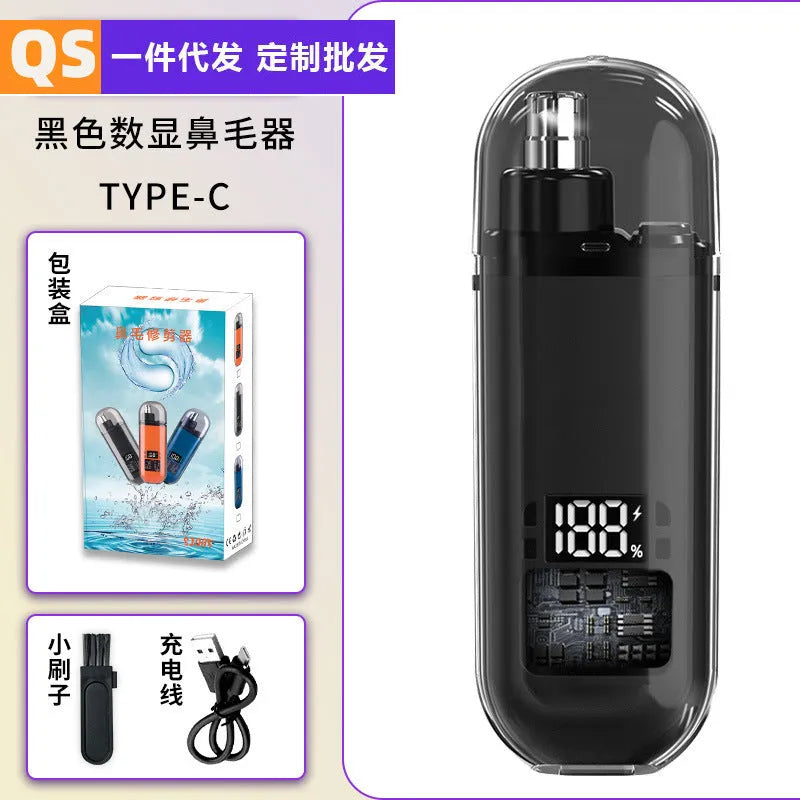 Rechargeable nose hair trimmer with digital display in black, blue, or orange colours