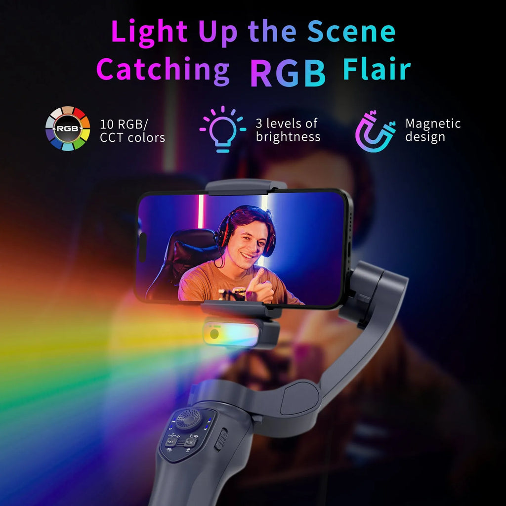 Foldable handheld camera gimbal stabiliser in gun colour and AI RGB variants