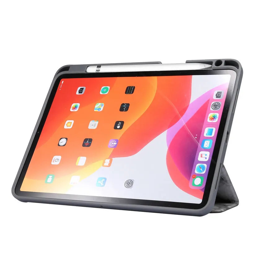 Tri-fold imitation leather iPad case with marbling pattern and integrated Apple Pencil slot.