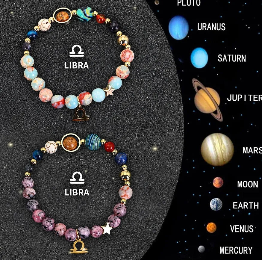 Set of two natural stone beaded bracelets showing zodiac sign designs on elasticated cords