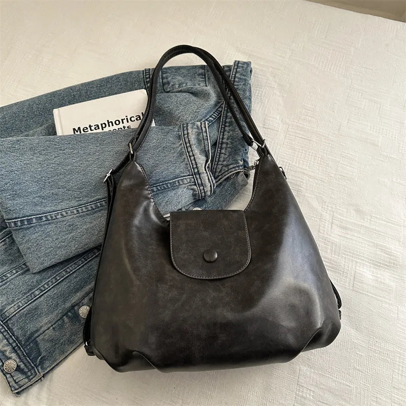 Textured PU leather one-shoulder bag in horizontal square shape with large capacity for daily commuting