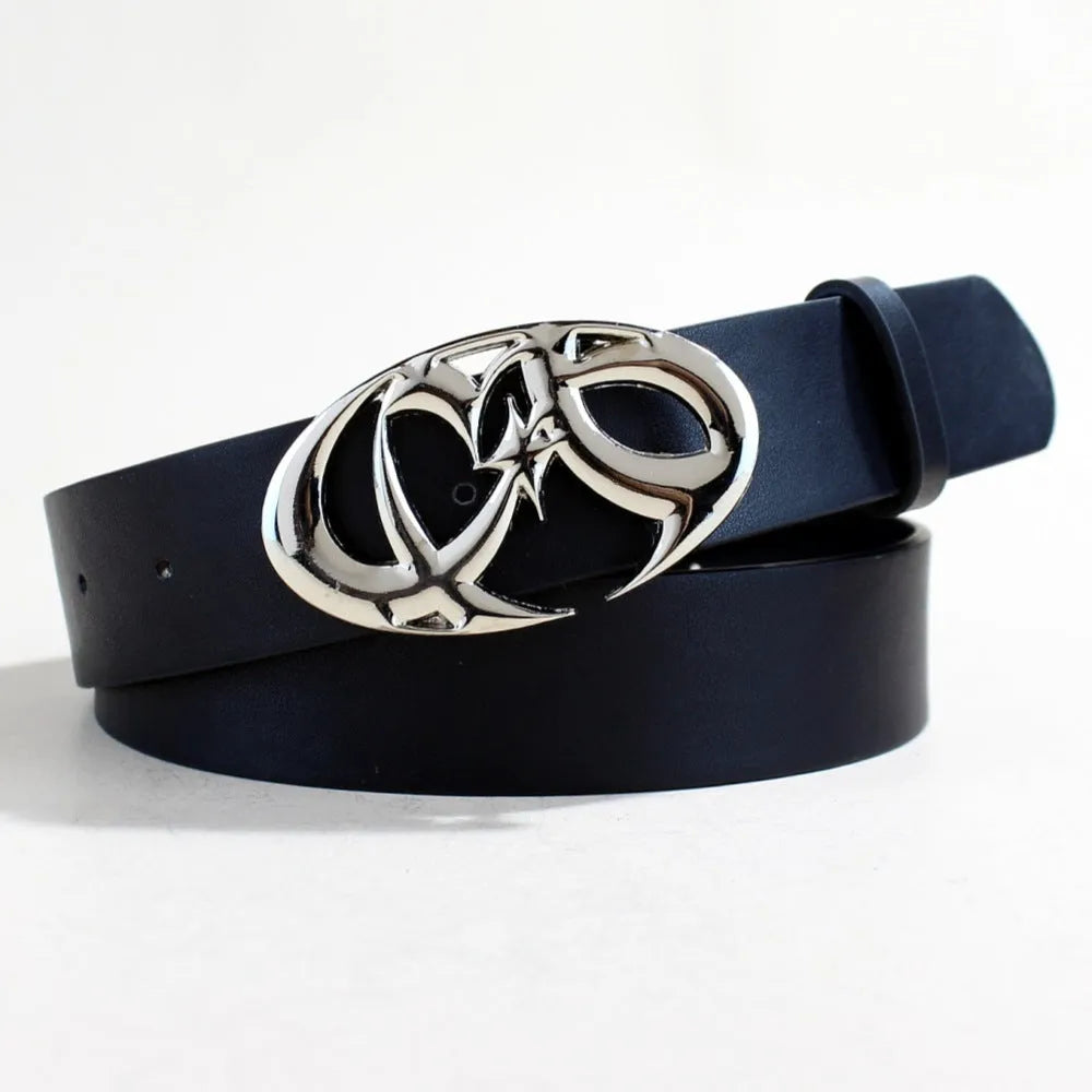 Silver buckle PU leather casual belt with snap button fastening, shown flat