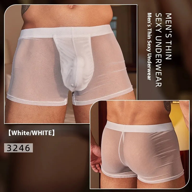 Men's black and white ultra-thin nylon boxer briefs on plain background