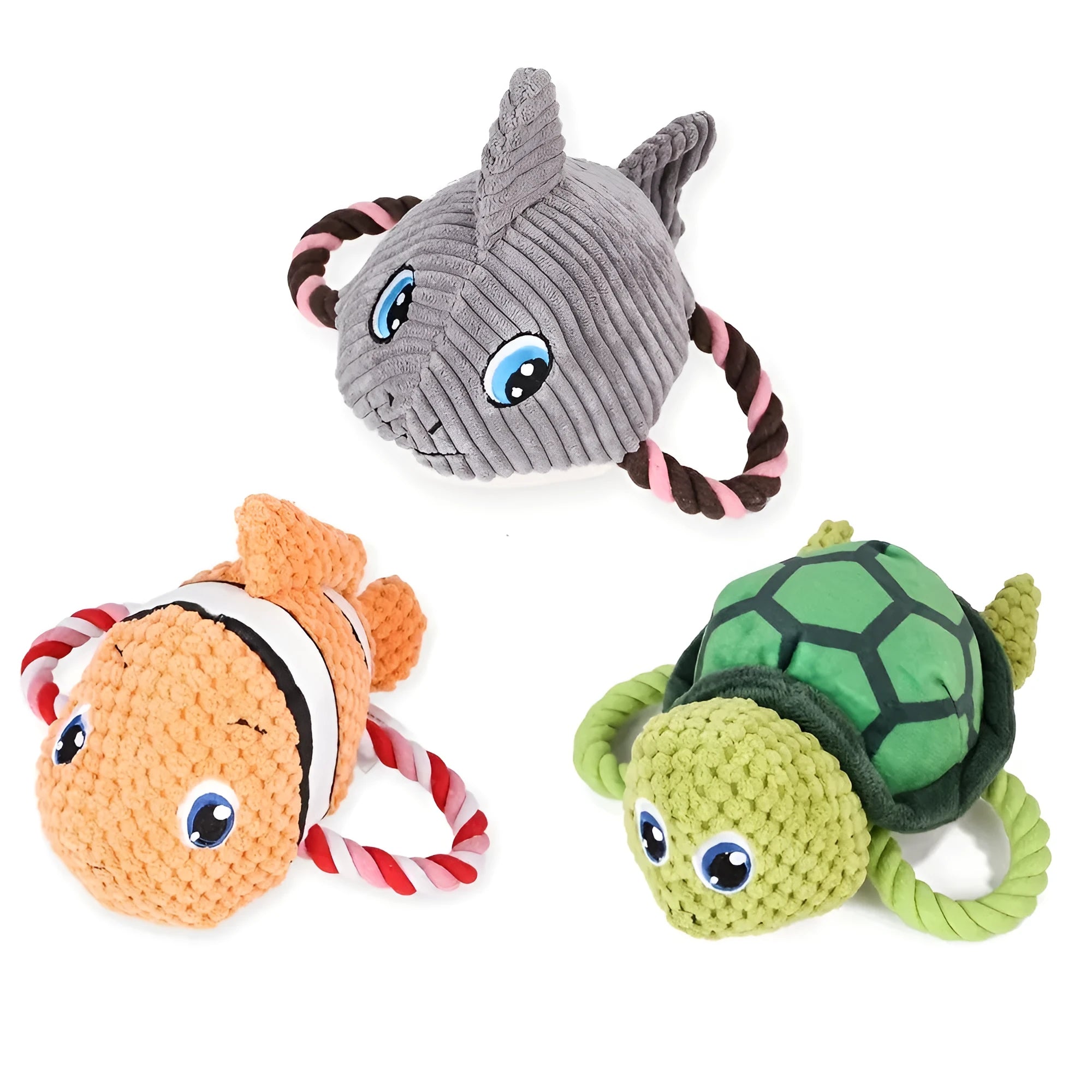 Grey turtle-shaped plush dog chew toy with textured knots on its shell.