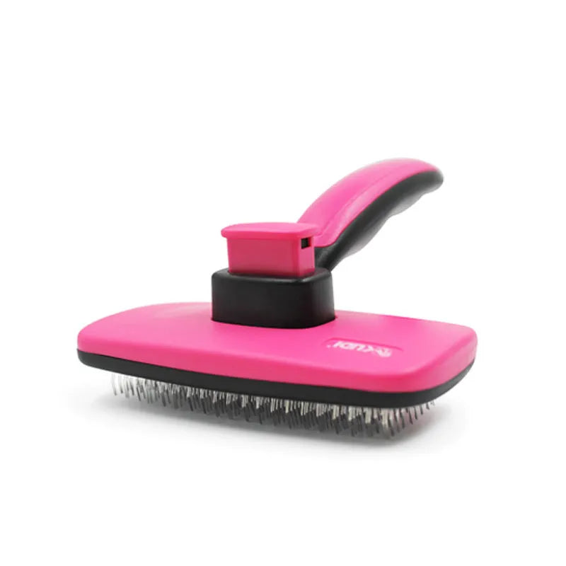 Automatic dehairing comb with stainless steel teeth and rose red handle, for dog and cat grooming, on a white background
