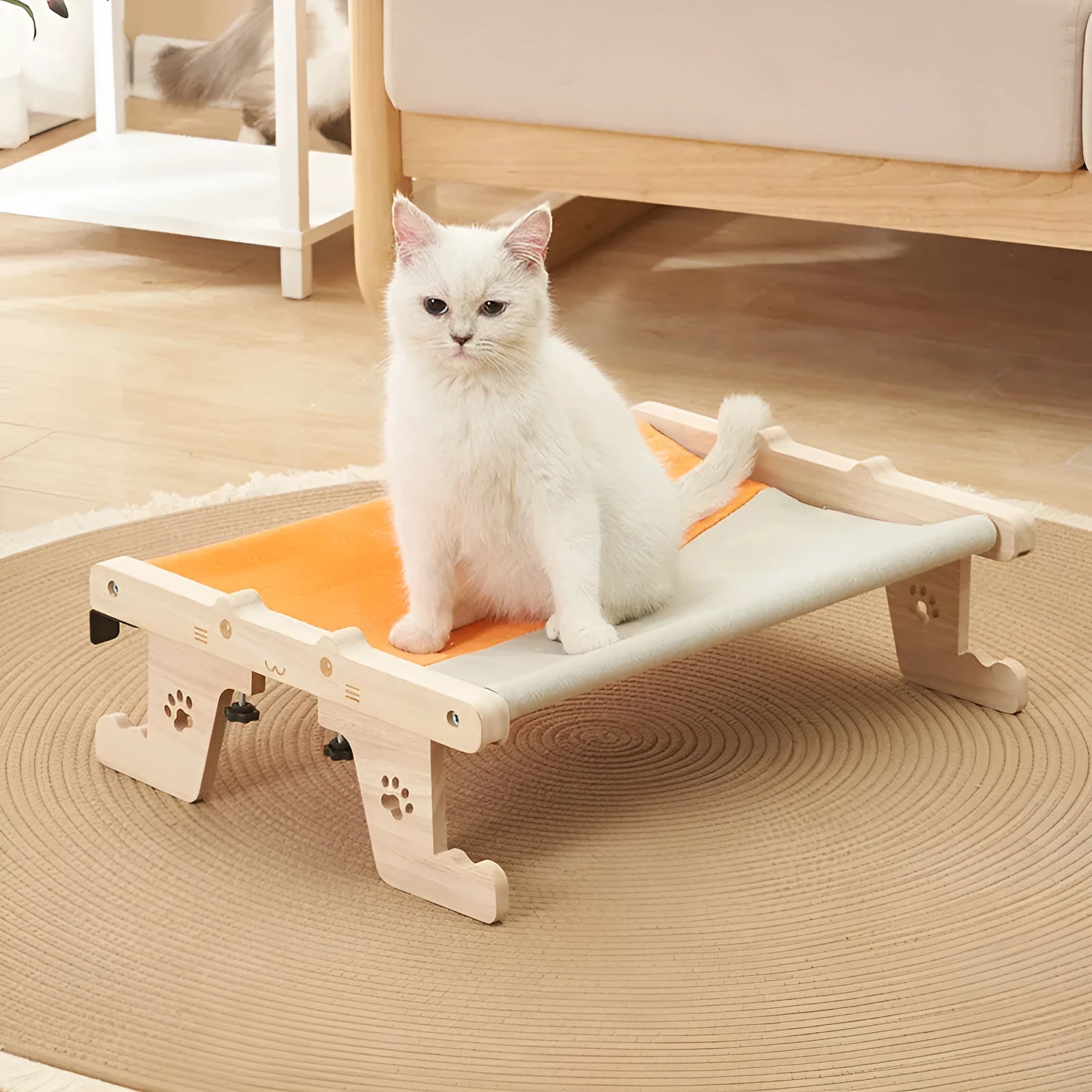 Wooden frame cat hammock bed hanging on a window, suitable for cats and small dogs.