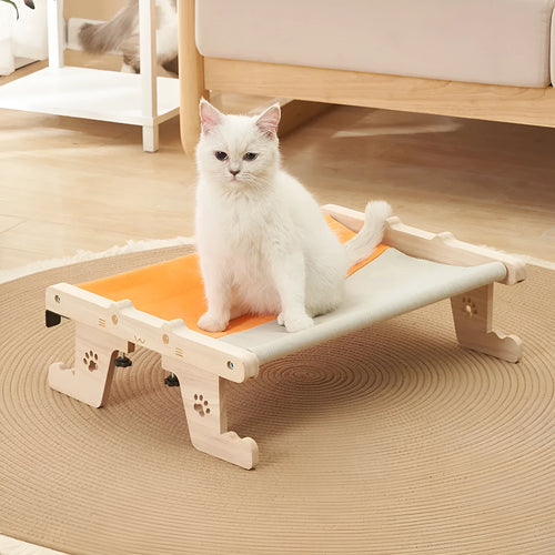Wooden frame cat hammock bed hanging on a window, suitable for cats and small dogs.