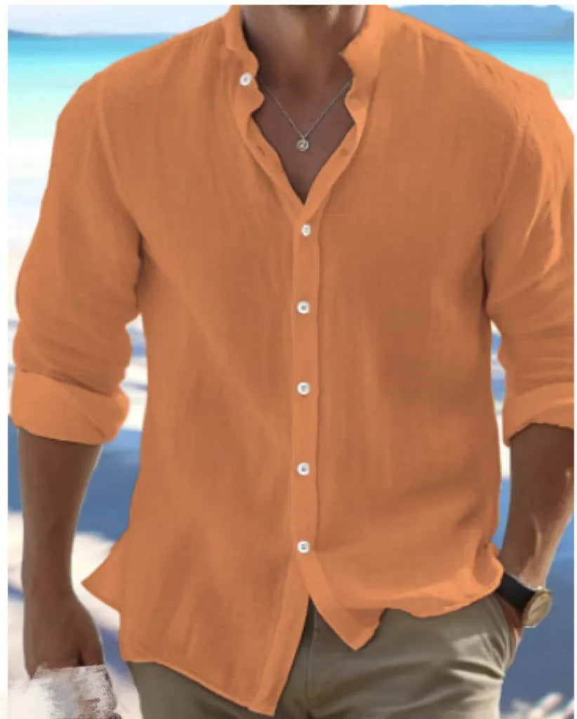 Men's light grey linen pullover shirt made from long-staple cotton for casual summer wear.