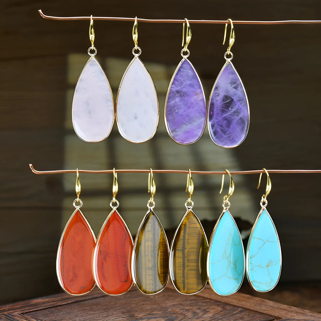 Handcrafted vintage stone water droplet earrings in tigereye, amethyst, pink crystal, redstone and turquoise colours