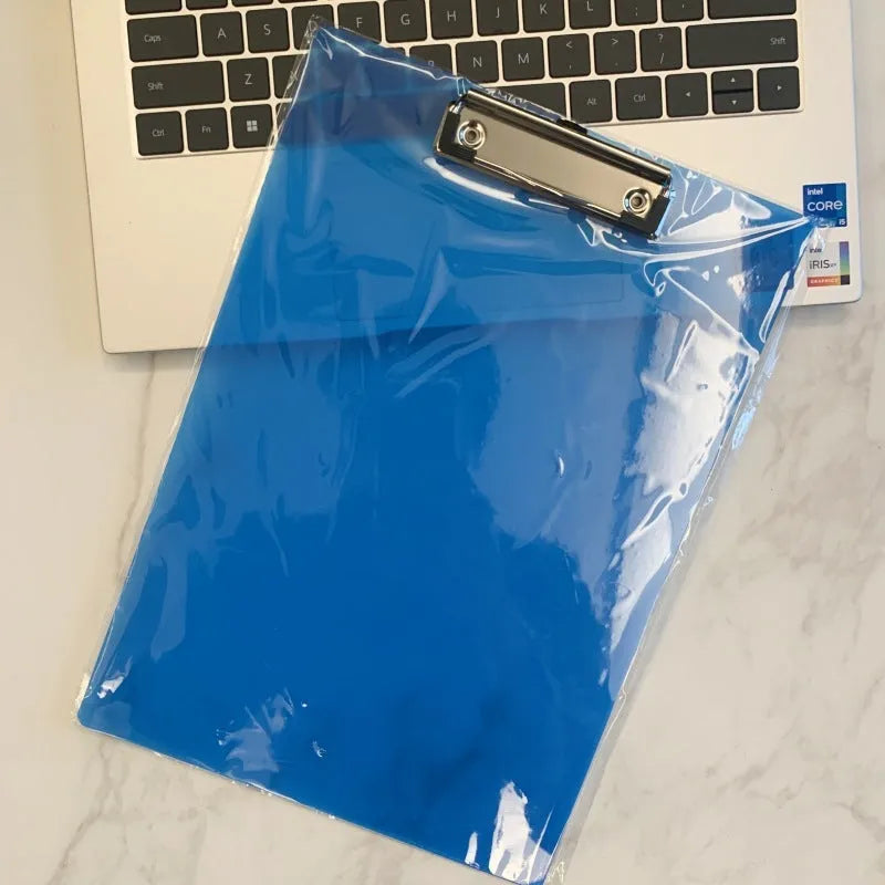 Transparent A4 clipboard with metal clip holding white paper, available in blue, green, red, and white.