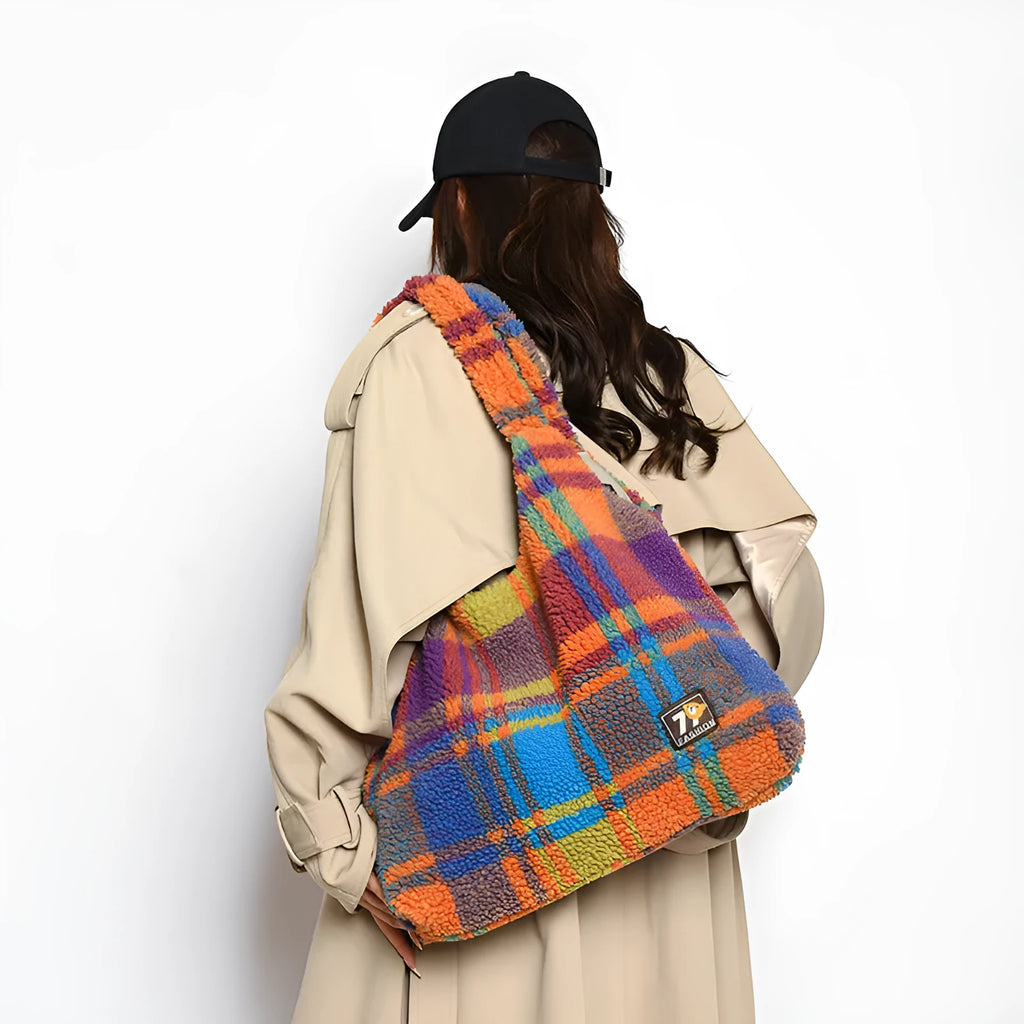 Women's plaid pattern crossbody tote bag in soft plush material with 40x44x9cm dimensions