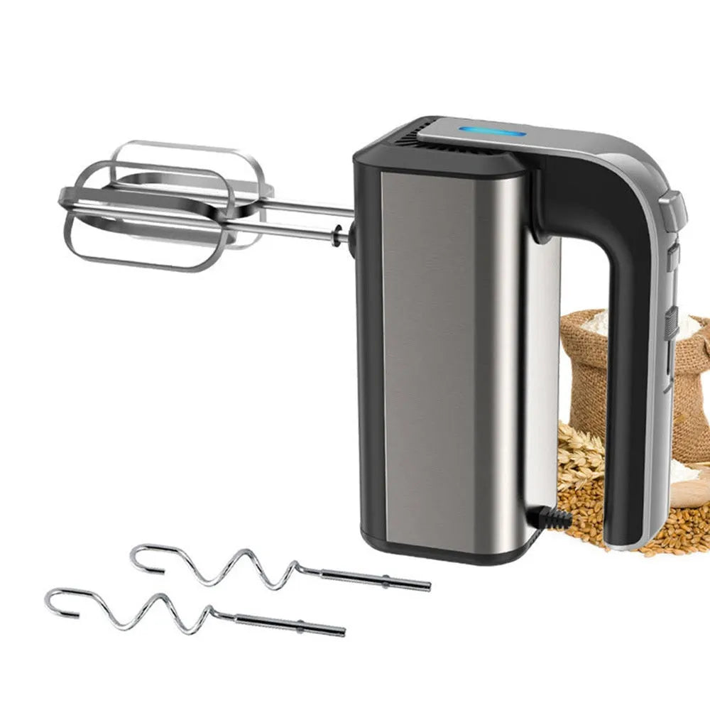 Silver mini electric handheld whisk with stainless steel beaters and 5-speed control