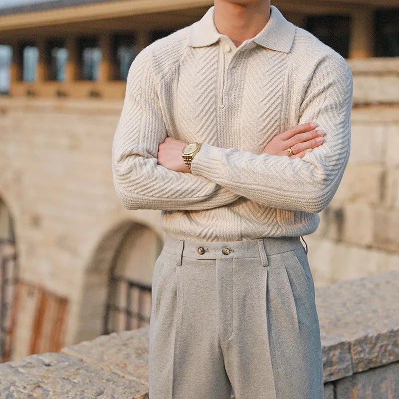 Men's thickened warm base sweater with stand collar in apricot colour, long sleeves, knit fabric