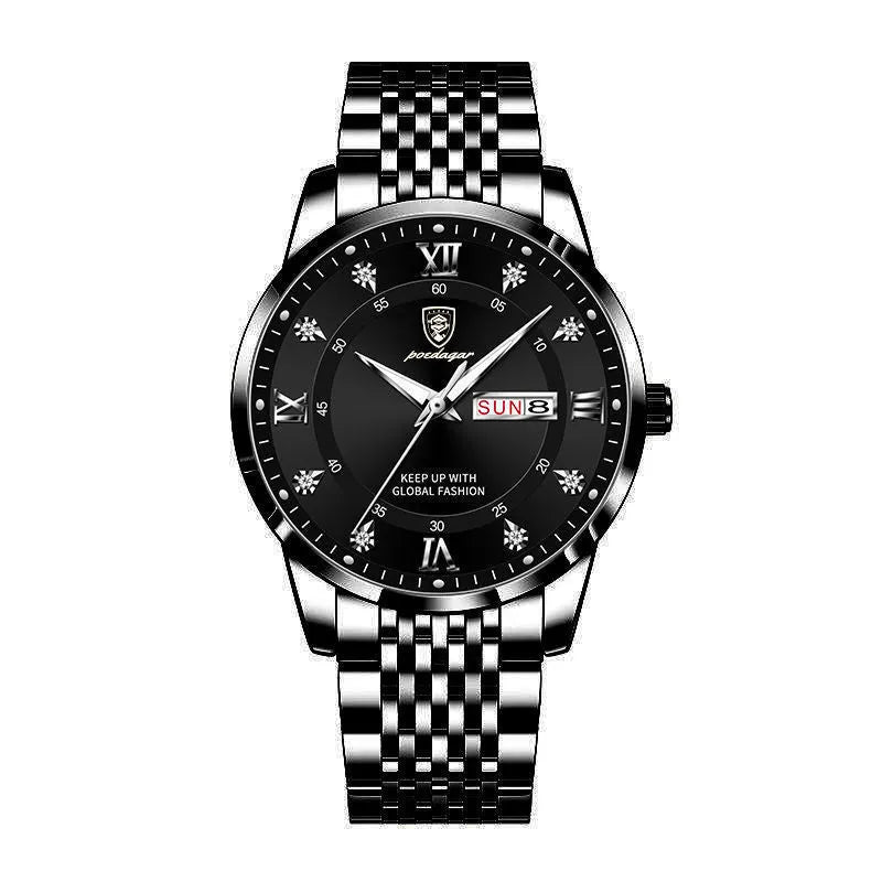 Luminous men's watch Korean fashion with round dial, stainless steel strap, and silver case white dial.