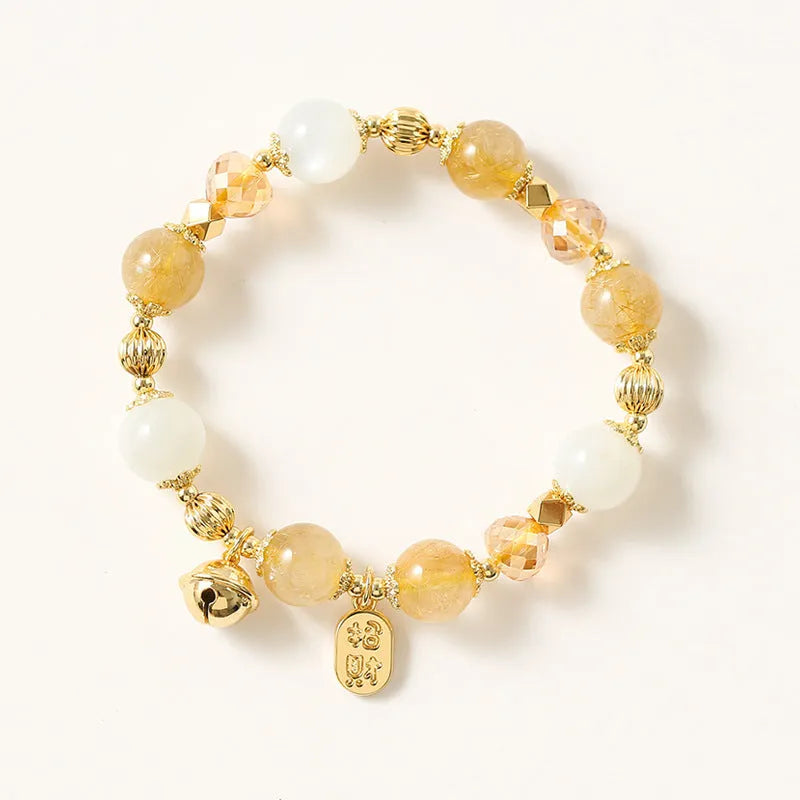 Korean style gold rutilated quartz crystal bracelet with electroplated lucky fortune colour tones