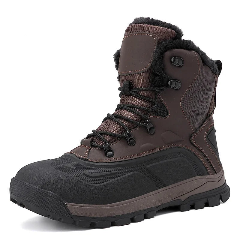 Black plus size men's high-top boots with fleece lining and front lace-up closure on a flat TPR sole.