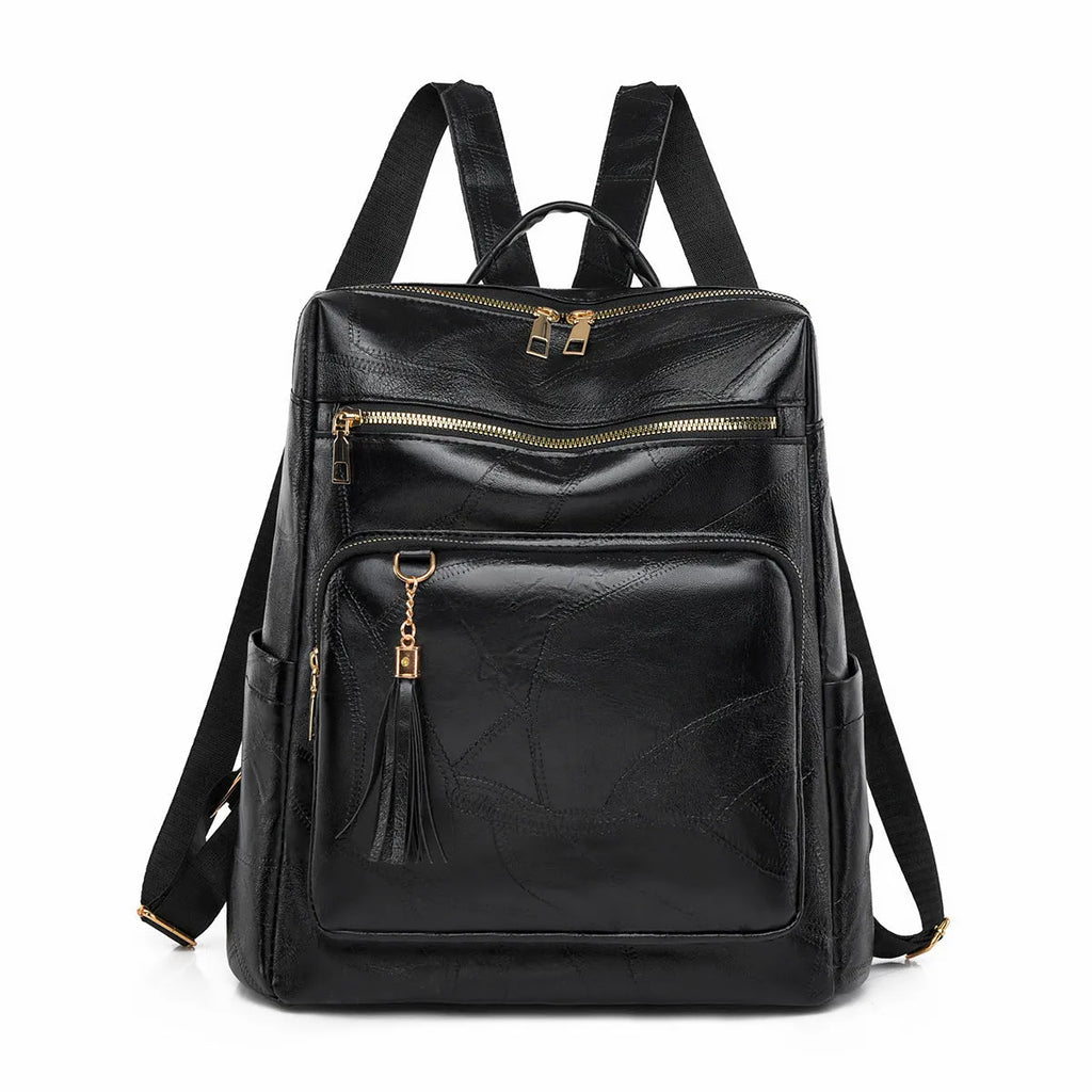 Women's large-capacity retro fashion backpack in white with plaid pattern and soft PU construction