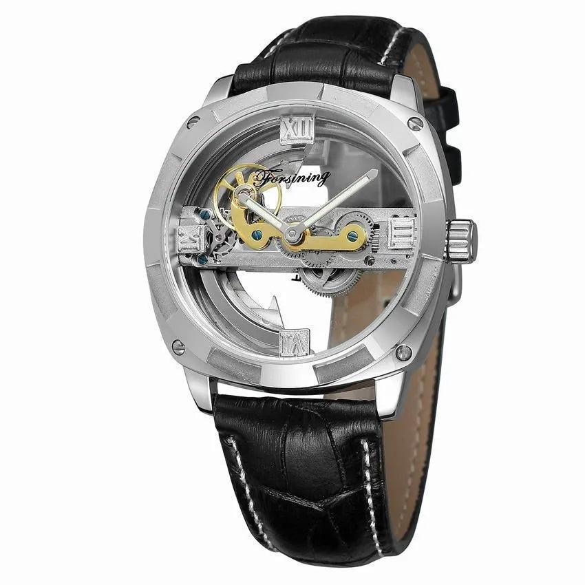 Men's automatic tourbillon watch with black belt and gold case on a light background