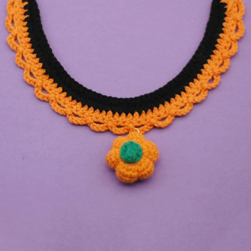 Hand-crocheted wool Halloween collar for cats and dogs in pumpkin colours with adjustable sizing